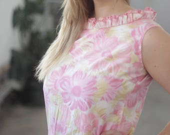 60s Floral Cotton Shift dress, Medium