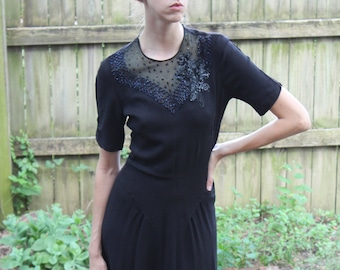 1940s New York Creation Sequence beaded black dress, Rayon, XS/S, 40s, wwii, illusion neckline