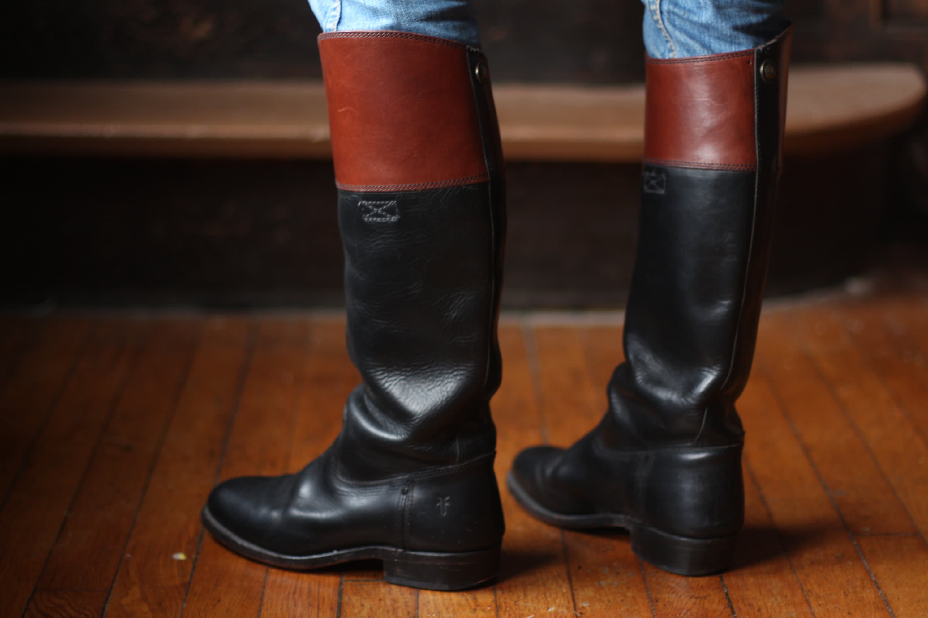 Frye leather Riding boots 7.5 two tone Black and brown Tall Etsy