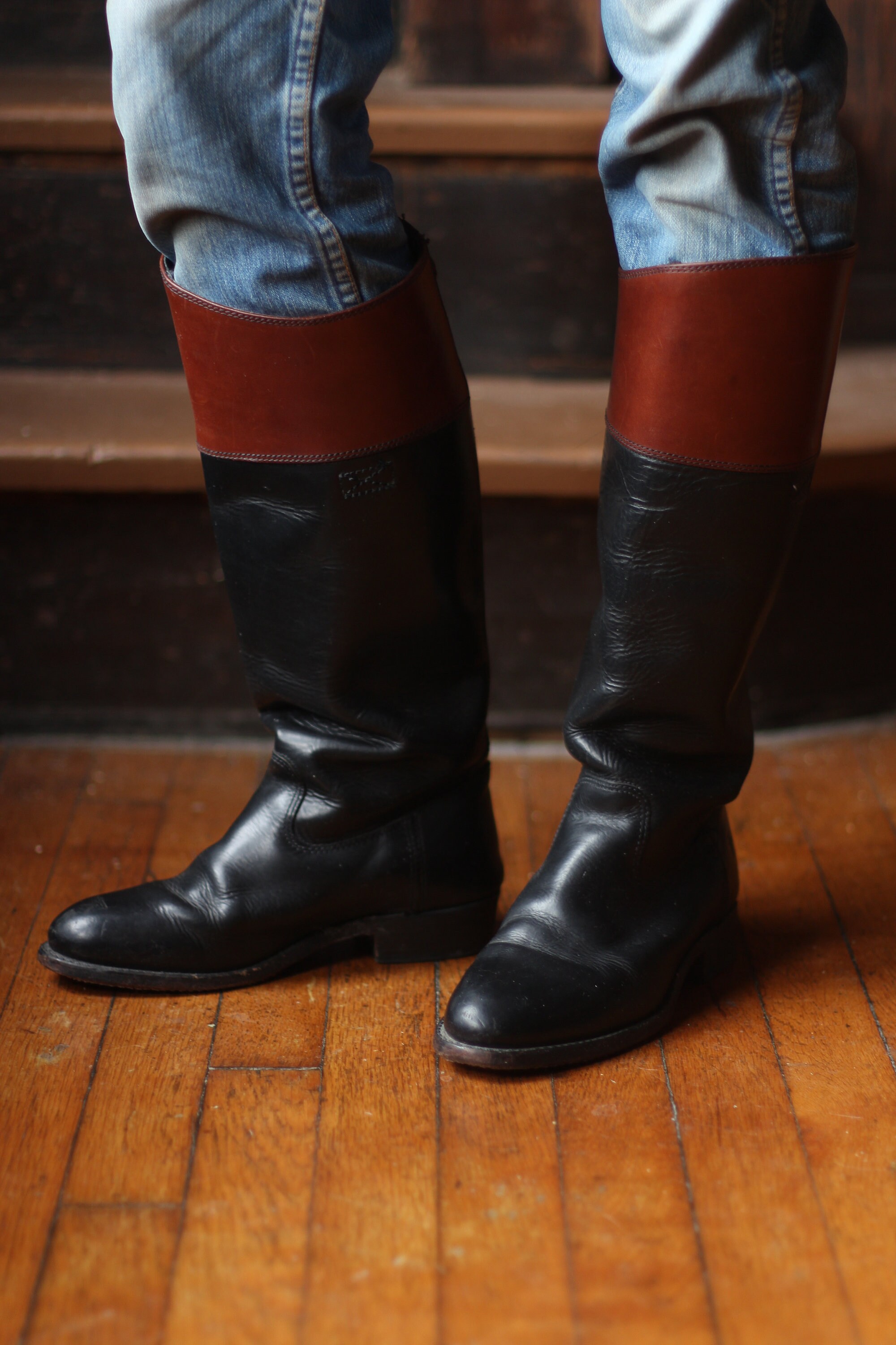 Frye leather Riding boots 7.5 two tone Black and brown Tall Etsy