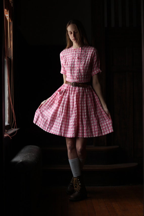 1940s Pink Gingham dress Small XS pocket 50s