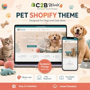Könnte beinhalten: Eine digitale Darstellung eines Shopify-Themes für Tierhandlungen, mit einem Laptop und einem Smartphone, die eine Website namens Pawlio mit Bildern von Hunden und Katzen zeigen. Die Grafik enthält Text wie PET SHOFY THEME, Modern Look.