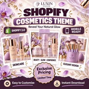 Peut inclure: Un graphique marketing numérique pour un thème cosmétique Shopify avec la marque Luxin Parlor. L'image présente divers produits de soin et de maquillage, notamment du fond de teint, de l'anti-cernes, de la crème, du sérum et des pinceaux, entourés d'orchidées violettes et de perles.