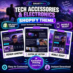 May include: A digital marketing graphic for the SmartPixa Shopify theme featuring tech accessories and electronics. The layout includes three framed screenshots showcasing a premium homepage, a custom GIF section, and mobile-ready interface designs.