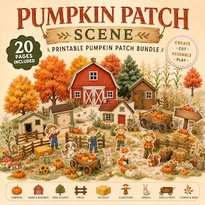 Printable Pumpkin Patch Scene 20 Pages DIY Fall Farm Craft Autumn Diorama Instant Download Kids Activity PDF