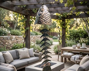 Campana de viento vintage de hierro fundido con forma de espina de pescado, decoración náutica de bronce antiguo, campana colgante de esqueleto de pescado para exteriores, ideal para patio, jardín y casa de playa.