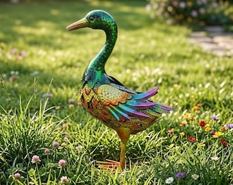 Estatua de pato de metal colorida para jardín, arte de patio caprichoso pintado a mano con un vibrante acabado multicolor para decoración de exteriores.