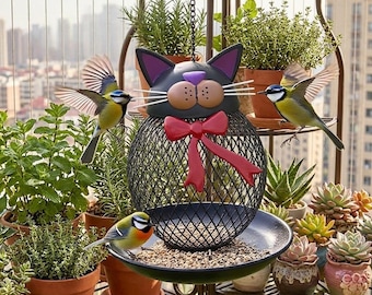 Comedero metálico para pájaros con forma de gato, comedero colgante resistente a la intemperie, bonito diseño de gato para jardín, patio, balcón y terraza.