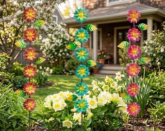 Estaca de jardín de metal colorida con forma de flor, adorno floral escalonado pintado a mano con acabado resistente a la intemperie para decoración de exteriores.