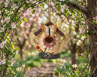 Casita para pájaros de resina con un toque original, resistente a la intemperie, pintada a mano, ideal como decoración de jardín. Nido colgante para exteriores, patio, terraza o balcón.