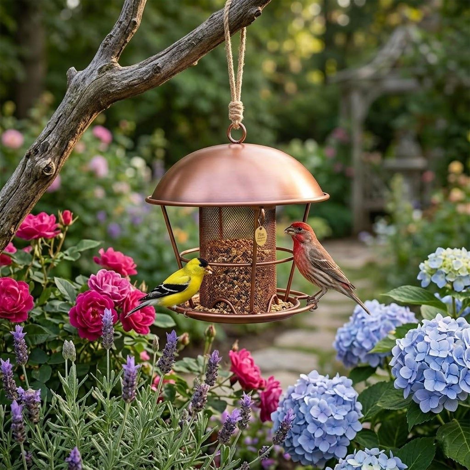 Vintage Copper Dome Hanging Bird Feeder, Weatherproof Mesh Seed Feeder for Wild Birds with Rustic Finish