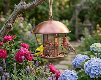 Comedero colgante para pájaros con cúpula de cobre vintage, comedero de malla resistente a la intemperie para pájaros silvestres con acabado rústico.