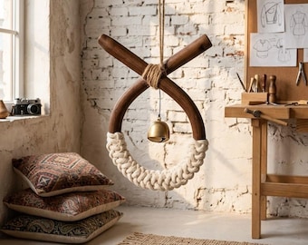 Adorno colgante de campana retro tejido a mano de ratán natural, elegante decoración para ventanas, dormitorios y puertas.