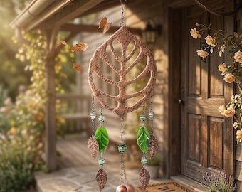 Campana de viento retro de metal envejecido con forma de hoja: adorno artístico y decoración colgante vintage para el hogar, jardín, patio o pared exterior.