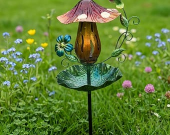 Comedero para pájaros con forma de hongo, de metal pintado a mano, con estaca para el suelo. Bandeja creativa para alimentar colibríes. Adorno decorativo para jardín, césped y paisaje exterior.