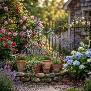 May include: A garden scene featuring a metal sculpture of fairies on a curved rod, with a wire sphere. The sculpture is set against a backdrop of vibrant flowers, including roses, hydrangeas, and lavender, in terracotta pots and a stone wall.