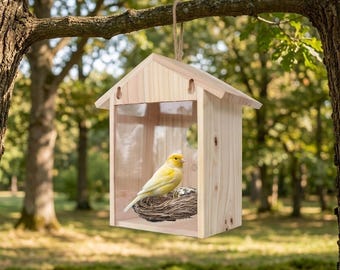 Comedero para pájaros de pino natural con ventana de visualización, nido transparente para pájaros silvestres, ideal para jardín o ventana.