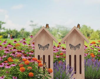 Casa de mariposas de madera, refugio de polinizadores de madera natural, hotel para insectos de jardín para abejas y mariposas, decoración para exteriores.