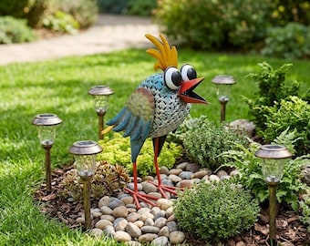 Estatua de pájaro de metal pintada a mano con un toque caprichoso, decoración de jardín de hierro resistente a la intemperie para uso interior y exterior.