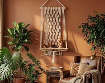 Estantería colgante de macramé estilo bohemio, estante flotante de cuerda de algodón anudada a mano con madera natural para plantas y libros.