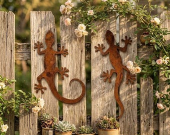 Decoración de pared de metal oxidado con forma de gecko y rana, decoración rústica para jardín exterior, escultura de animales resistente a la intemperie para patio, cerca y pared del hogar.