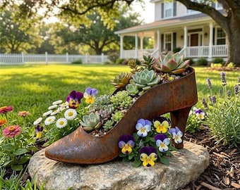 Maceta rústica con forma de zapato de tacón alto, maceta de hierro envejecido, decoración vintage para jardín, ideal para suculentas y flores, para uso interior/exterior.