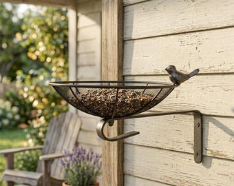 Comedero para pájaros de malla metálica para montaje en pared con gancho para plantas, resistente a la intemperie, decoración de jardín de doble función para la observación de aves y la vegetación.