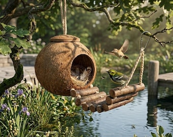 Casita para pájaros de cáscara de coco natural con escalera y percha, juguete para roer para loros y pájaros pequeños, nido colgante para interiores y exteriores, ideal para aviarios y jardines.