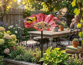 Estaca de metal hecha a mano para comedero de pájaros con forma de flor, decoración de jardín con amapolas resistente a la intemperie para pájaros y mariposas.