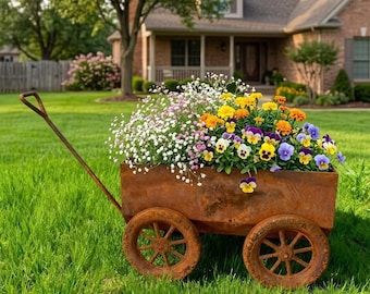 Macetero rústico de metal con forma de carretilla, carro de hierro envejecido estilo granja, decoración vintage para jardín para flores y suculentas, para uso interior/exterior.