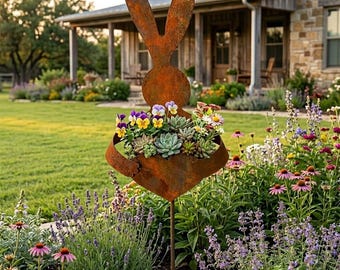 Maceta rústica con silueta de conejo, decoración de jardín de hierro envejecido, maceta vintage con forma de corazón para suculentas y flores.