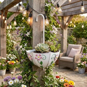 May include: A white, umbrella-shaped planter with pink and green floral designs, filled with succulents, hangs from a wooden post. String lights and climbing vines with white flowers surround the planter, creating a charming garden scene.