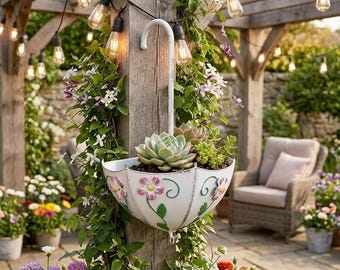 Macetero de pared con forma de paraguas, maceta rústica de hierro con detalles florales, cesta colgante resistente a la intemperie para jardín y hogar.
