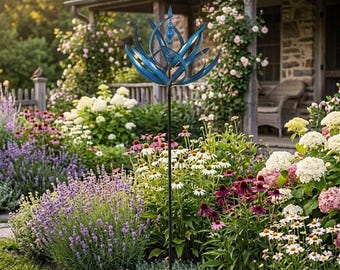 Molinillo de viento metálico con forma de flor estilo Harlow - Estaca de jardín de arte cinético con acabado resistente a la intemperie