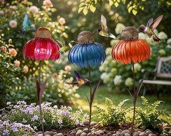 Comedero metálico colorido con forma de flor, estaca resistente a la intemperie con forma de equinácea para colibríes y aves silvestres.