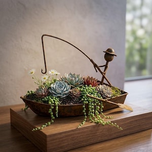 Op de afbeelding: Een rustieke metalen bootplanter gevuld met vetplanten en kleine witte bloemen. Een metalen visserfiguur zit in de boot en houdt een hengel vast. De planter staat op een houten voet.