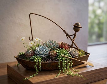 Macetero rústico con forma de barco de pescador, decoración náutica de hierro envejecido, maceta vintage para jardín, ideal para suculentas y flores, apto para uso interior y exterior.