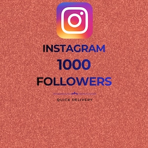 Può includere: Una grafica digitale che presenta il logo di Instagram in alto, seguito dal testo "INSTAGRAM 1000 FOLLOWERS" in lettere blu in grassetto, e il testo "QUICK DELIVERY" in basso, il tutto su uno sfondo testurizzato color rame scintillante.