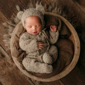 BARRY teddy bear bonnet and footed romper set newborn footed romper/ 3 month photo prop knit romper teddy bear outfit newborn boy girl