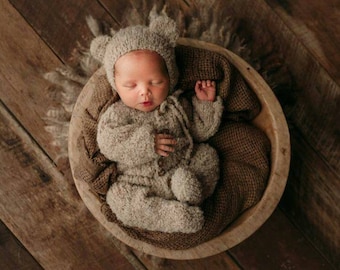 BARRY teddy bear bonnet and footed romper set newborn footed romper/ 3 month photo prop knit romper teddy bear outfit newborn boy girl