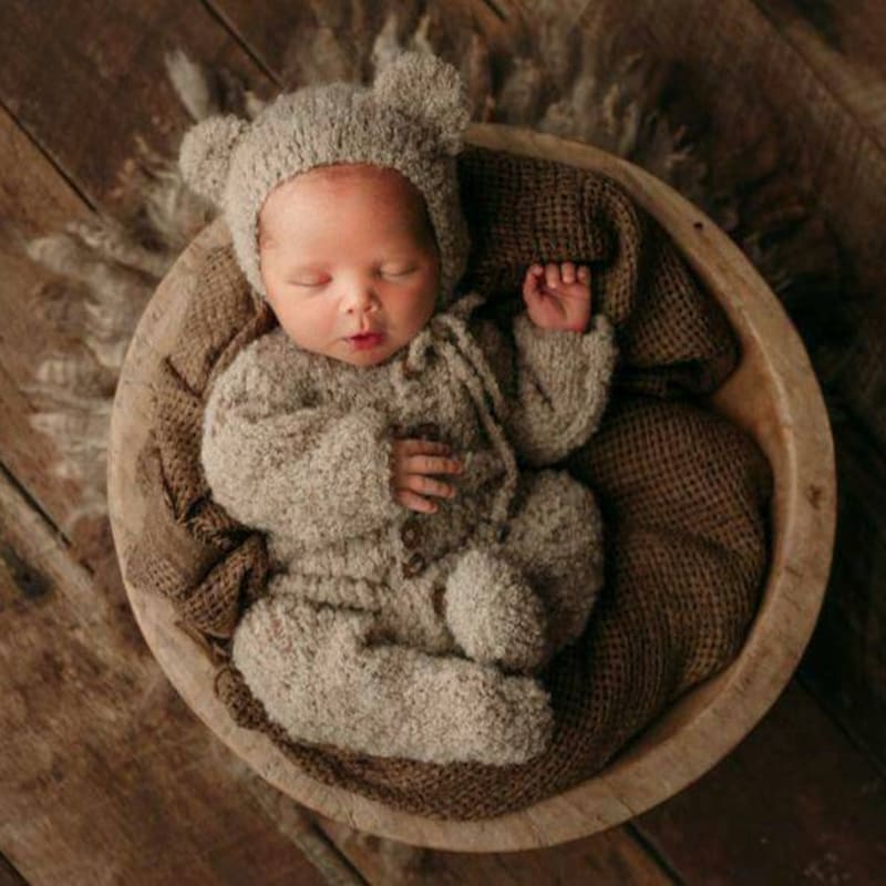 Baby Fleece Brown Bear Romper with Hat