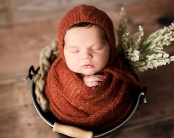 Newborn bonnet and wrap set, Footed romper and sleepy hat set newborn footed romper photo prop knit sleeved romper teddy bear newborn outfit