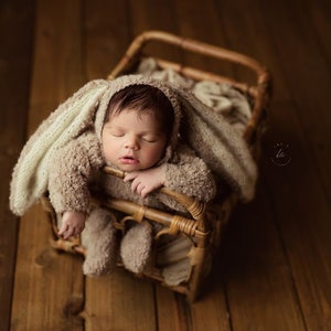 Conjunto de gorro de conejito y mameluco con pies, mameluco con pies para recién nacido, accesorio fotográfico, mameluco de punto con mangas, conjunto de osito de peluche, niño recién nacido, conjunto de niña recién nacida