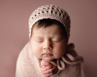 NUALA Newborn Hat, bonnet and wrap set Bonnet Newborn Props Knit Hat Newborn Knit Hat Photo Props Photography Props