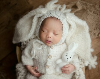 Bunny bonnet and footed romper set newborn footed romper photo prop knit sleeved romper teddy bear outfit newborn boy newborn girl outfit