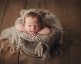 Teddy Bear Hat, Alpaca Silk Newborn teddy bear bonnet, wrap and blanket. Bonnet, wrap and matching layer set, earth tone set, more colors