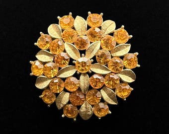 Vintage 1960s Sarah Coventry Amber Lites Yellow Topaz Rhinestone Flower Brooch
