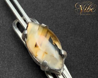 Vintage 1950s Sterling Silver Anson Providence RI Montana Agate Mid-Century Men's Tie Bar Clasp