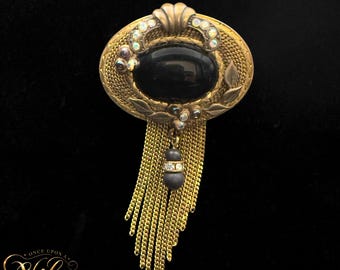 Vintage 1980s Unsigned Attributed Marena Germany Gold Tone Black Cabochon Waterfall Tassel Brooch & Pendant