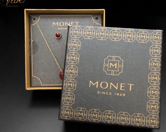 NOS Vintage 1980s Monet Gold Tone Red Crystal Necklace & Earrings Set, Disco Ball Pendant